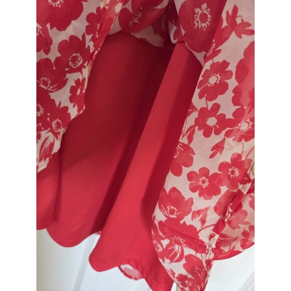 JH Red Pink Sleeveless Floral Chiffon Blouson A-Line Midi Dress Belted 14 - Picture 7 of 8